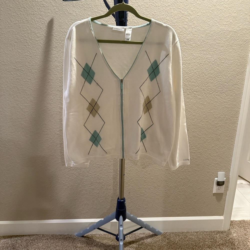 Liz Claiborne Golf White and Green zip up Cardigan Sweater. Size XL